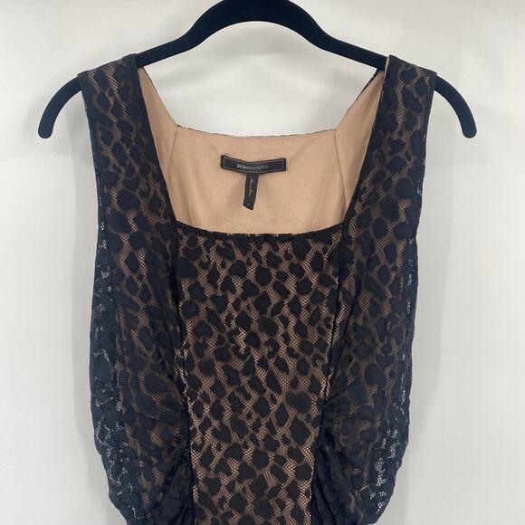 BCBGMAXAZRIA Renee Mini Dress Bodycon Ruched Leopard Print Mesh Lace Black M - Picture 4 of 9